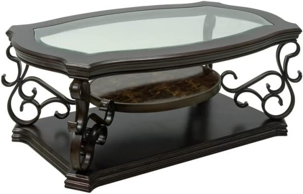 Cocktail Coffee Table Sofa Tea Table Glass Desktop Marble Paper Middle Shelf Coated Metal Legs