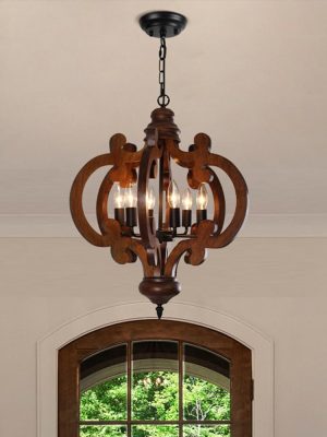 Wood Farmhouse Chandelier 6 Lights Vintage Rustic Ceiling Pendant Light French Country Retro Antique Hanging Light for Living Room Bedroom Foyer Dark Walnut