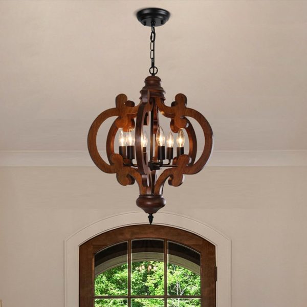 Wood Farmhouse Chandelier 6 Lights Vintage Rustic Ceiling Pendant Light French Country Retro Antique Hanging Light for Living Room Bedroom Foyer Dark Walnut
