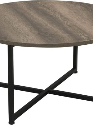 Household Essentials  Round Coffee Table  Rustic Wood Grain and Black Metal 31.5 x 31.5, Taupe