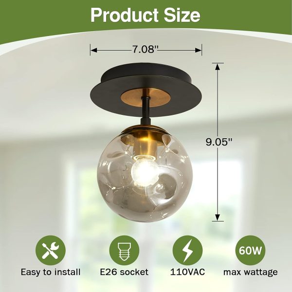 1-Light Mini Glass Globe Ceiling Light,Modern Semi Flush Mount Ceiling Light Fixture,Black Ceiling Light for Hallway Aisle Porch Stairway Closet.