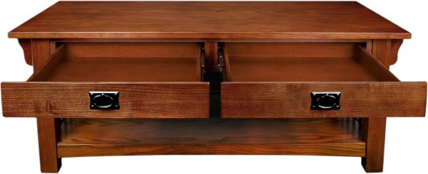 Impeccable Coffee Table for Living Room, Two Drawers and Shelf, Made with Solid Wood, Medium Oak Finish