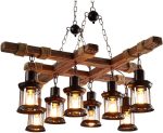 8 Lights Industrial Retro Wooden Chandelier Pendant Light Island Hanging Ceiling Fixture Vintage Farmhouse Wood Light Adjustable Chain for Home Cafe Bar Restaurant (39.4")