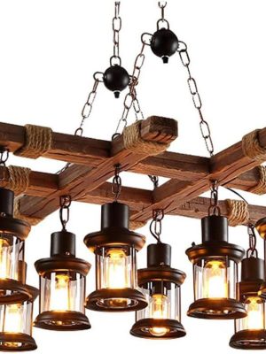8 Lights Industrial Retro Wooden Chandelier Pendant Light Island Hanging Ceiling Fixture Vintage Farmhouse Wood Light Adjustable Chain for Home Cafe Bar Restaurant (39.4")