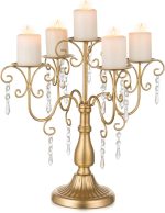 Candelabra Centerpieces Gold Candle Holder - 5 Arm Pillar Candle Holders with Crystal Beads for Christmas Table Centrepiece Halloween Wedding Candleholders Decoration