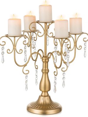Candelabra Centerpieces Gold Candle Holder - 5 Arm Pillar Candle Holders with Crystal Beads for Christmas Table Centrepiece Halloween Wedding Candleholders Decoration