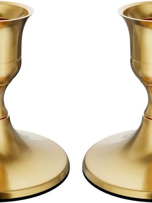 Brass Gold Taper Candle Holders Set of 2, Vintage Metal Candlestick Holders for Dinner Room Table Centerpiece or Mantel Wedding Party Decor