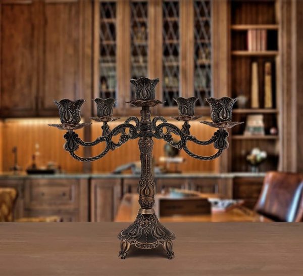 5-Candle Metal Candelabra 10.3 Inch Tall Candlestick Candle Holders for Home Decor Wedding Christmas Church Halloween Party, Red Bronze Tulip