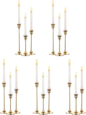5 Sets(15 Pcs) Brass Gold Metal Taper Candle Holders Candlestick Holders, Vintage Modern Decorative Centerpiece Candlestick Holders for Table Mantel Wedding Housewarming Gift