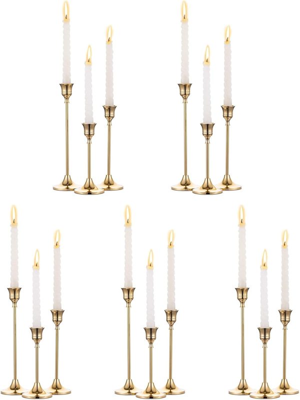 5 Sets(15 Pcs) Brass Gold Metal Taper Candle Holders Candlestick Holders, Vintage Modern Decorative Centerpiece Candlestick Holders for Table Mantel Wedding Housewarming Gift