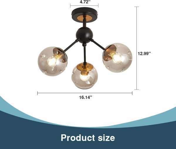 3-Light Chandelier ，Vintage Semi Flush Mount Ceiling Light Fixture with Glass Globe， Black Ceiling Light for Hallway Stairway Porch Entryway Kitchen Bedroom Laundry Farmhouse..