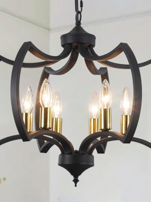 Black Gold Farmhouse Chandelier Industrial Country Retro Style Bat Shape with 6 Lights for Kitchen, Living Room, Foyer, Bedroom, Entryway, Dining Room - 20 Inch