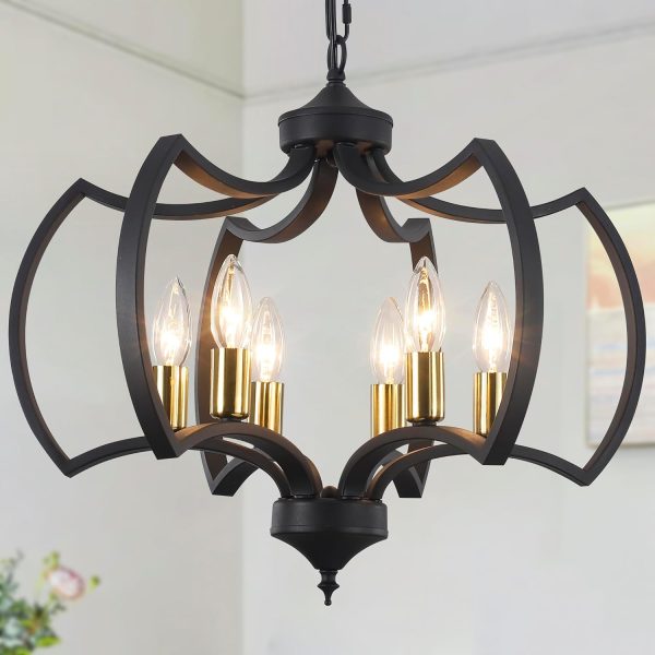 Black Gold Farmhouse Chandelier Industrial Country Retro Style Bat Shape with 6 Lights for Kitchen, Living Room, Foyer, Bedroom, Entryway, Dining Room - 20 Inch