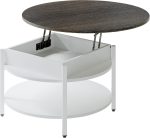 35.43”Round Lift-Top Coffee Table Large Storage with Hidden Compartment Round Coffee Table 2-Tier Farmhouse Style Living Room Table Round Dining Coffee Table,White