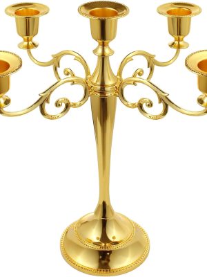 5-Candle Metal Candelabra 10.2 Inch Tall Candlestick Candle Holders for Home Decor Wedding Christmas Church Halloween Party, Gold