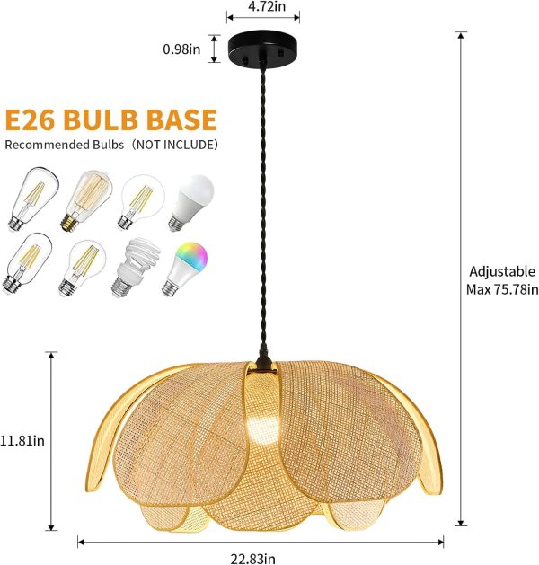 Boho Chandelier, Hemp Rope Pendant Light Hand-Woven Rattan Hanging Lamp Wicker Retro Light Fixtures for Hallway Entryway Kitchen Island Dining Room Bedroom(1-Pack)