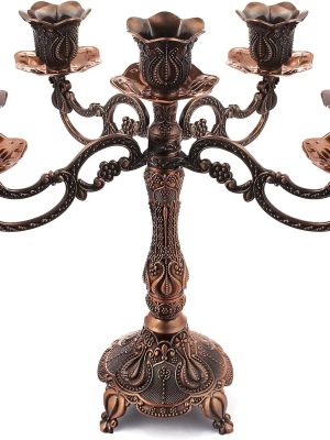 5-Candle Metal Candelabra 10.3 Inch Tall Candlestick Candle Holders for Home Decor Wedding Christmas Church Halloween Party, Red Bronze Tulip