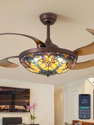 48 Inch  Ceiling Fan with Light  Vintage Fandelier Vintage Chandelier Fan 48 Inch Stained Glass Ceiling Fan Retractable Blades Retro Chandelier Fan with Colorful Light