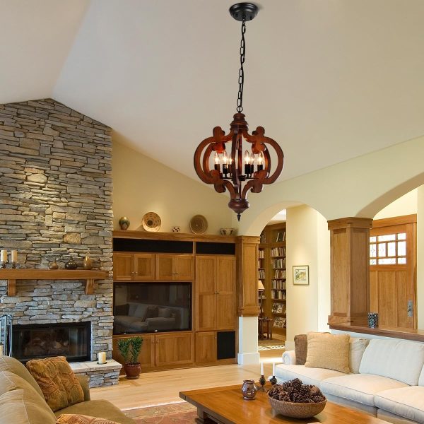 Wood Farmhouse Chandelier 6 Lights Vintage Rustic Ceiling Pendant Light French Country Retro Antique Hanging Light for Living Room Bedroom Foyer Dark Walnut