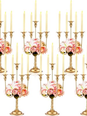 6 Pcs Gold Candelabra Candlestick Holder 5 Arm Metal Candle Stand Candelabra for Taper Candles Table Centerpieces Wedding Christmas Holiday Birthday Party(9.45 x 9.45 x 19.7 Inch)