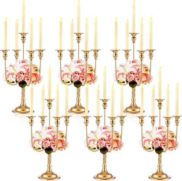 6 Pcs Gold Candelabra Candlestick Holder 5 Arm Metal Candle Stand Candelabra for Taper Candles Table Centerpieces Wedding Christmas Holiday Birthday Party(9.45 x 9.45 x 19.7 Inch)