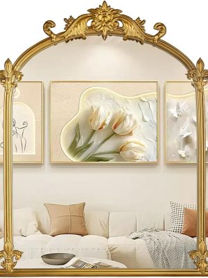 24"x22" Gold Arch Wall Mirror, Vintage Ornate Baroque Mirror with Metal Frame, Decorative Vanity Mirror for Dresser, Bedroom, Bathroom, Living Room, Entryway