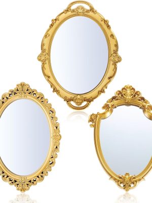 3 Styles Vintage Gold Mirror Set Decorative Oval Wall Mirror Small Antique Aesthetic Hanging Mirror Retro Wall Mirror for Bedroom Living Room Dresser Decor