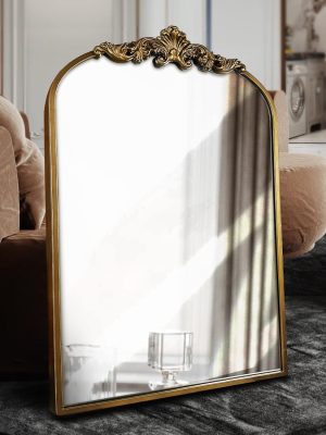 Arched Gold Mirror,Gold Traditional Vintage Ornate Baroque Mirror,Antique Brass Mirrors,Wall Mounted Mirrors for Entryway/Fireplace/Living Room/Hallway/Bathroom.36“X24”Gold