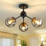 3-Light Chandelier ，Vintage Semi Flush Mount Ceiling Light Fixture with Glass Globe， Black Ceiling Light for Hallway Stairway Porch Entryway Kitchen Bedroom Laundry Farmhouse..