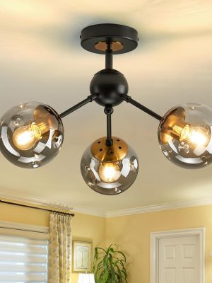 3-Light Chandelier ，Vintage Semi Flush Mount Ceiling Light Fixture with Glass Globe， Black Ceiling Light for Hallway Stairway Porch Entryway Kitchen Bedroom Laundry Farmhouse..