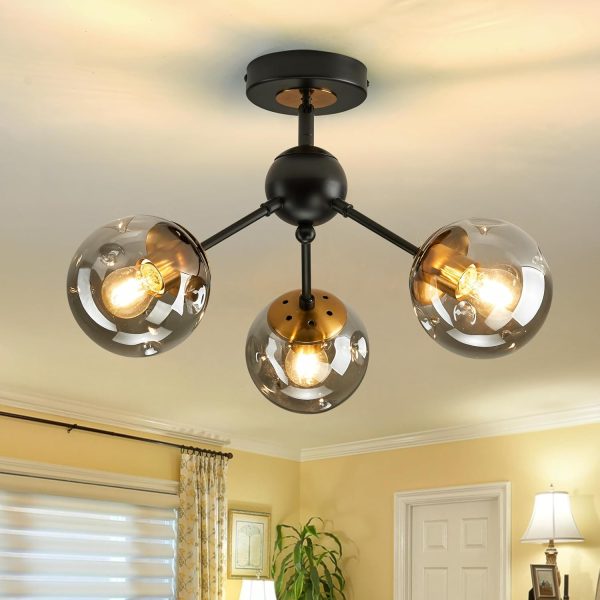 3-Light Chandelier ，Vintage Semi Flush Mount Ceiling Light Fixture with Glass Globe， Black Ceiling Light for Hallway Stairway Porch Entryway Kitchen Bedroom Laundry Farmhouse..