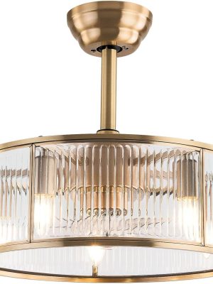 Caged Fandelier Ceiling Fan with Light, Golden Ceiling Fans with Remote Control & Noiseless 35db - Farmhouse Rustic Bladeless Outdoors Ceiling Fans Chandelier Retro Lighting Fixture (Crystal)