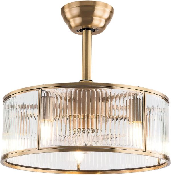 Caged Fandelier Ceiling Fan with Light, Golden Ceiling Fans with Remote Control & Noiseless 35db - Farmhouse Rustic Bladeless Outdoors Ceiling Fans Chandelier Retro Lighting Fixture (Crystal)