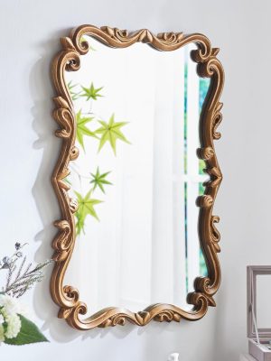 Vintage Gold Mirror for Bathroom Wood Frame Arched Wall Mirror, 24inch Antique Decorative Scalloped Brass Mirror for Living Room,Bedroom,Entryway, Dinning Room (Rectangle-15.7X23.8inch)