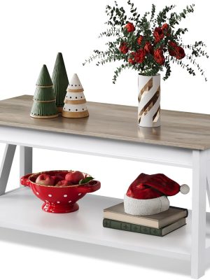 Coffee Table, 43" Living Room Coffee Table with Storage Shelf, Center Table for Living Room, Bedroom, Office and Balcony, White
