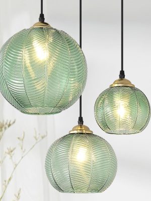 3-Light Glass Globe Pendant Light Kitchen Island, Mid-Century Modern Pendant Ball Chandelier with Green Ribbed, Vintage Hanging Ceiling Light Fixture for Dining Room, Over Sink, Table