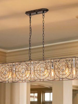 4-Lights Rectangle Crystal Chandelier for Dining Room, 42.12" Vintage Bronze Finish Large Chandeliers for High Ceilings, Flush Mount Pendant Light for Living Room Kitchen Island Bar