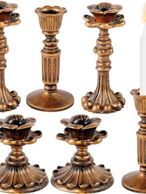 6 Pcs Vintage Candlestick Holders Taper Resin Candle Holder Retro Antique Candle Holder Floral Decorative Candlesticks for Wedding Anniversary Table Centerpieces Fireplace Home Decor(Bronze)