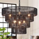 Black Rattan Chandelier Vintage Farmhouse 6-Lights Boho Hand-Woven Bamboo Black Chandeliers Light Fixture Retro Drum Wicker Chandelier for Dining Room, Kitchen, Living Room, E12, D19.7“