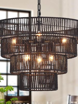 Black Rattan Chandelier Vintage Farmhouse 6-Lights Boho Hand-Woven Bamboo Black Chandeliers Light Fixture Retro Drum Wicker Chandelier for Dining Room, Kitchen, Living Room, E12, D19.7“