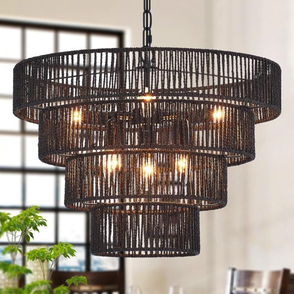 Black Rattan Chandelier Vintage Farmhouse 6-Lights Boho Hand-Woven Bamboo Black Chandeliers Light Fixture Retro Drum Wicker Chandelier for Dining Room, Kitchen, Living Room, E12, D19.7“