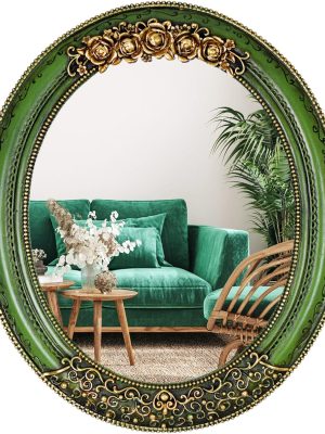 Oval Resin Vintage Mirror, Wall Mounted Decorative Mirror for Entryway, Hallway, Bedroom Oval Mirror 11.8x10 inch (Green)