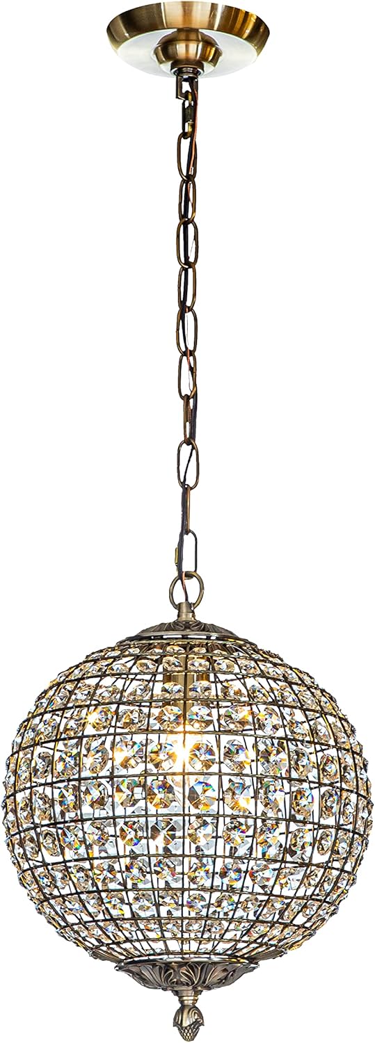 1-Light W12 in. Retro Antique Gold Globe Chandelier Small Crystal Vintage Chandelier Cage-Style Shade Pendant Light for Kitchen Island Sphere Chandelier for Bedoom