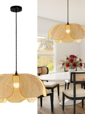 Boho Chandelier, Hemp Rope Pendant Light Hand-Woven Rattan Hanging Lamp Wicker Retro Light Fixtures for Hallway Entryway Kitchen Island Dining Room Bedroom(1-Pack)
