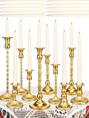 24 Pcs Brass Gold Candlestick Holders and Taper Candles Set 12 Vintage Taper Holders with 12 Tall Candles Decorative Candlestick Modern Centerpiece for Wedding Birthday