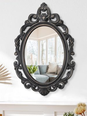 Black Oval Wooden Frame Vintage Wall Mirror Baroque Style  Traditional Carved Hanging Mirror for Wall Decorative Antique Mirror Aesthetic for Vanity Bedroom Living Room Kitchen Entryway