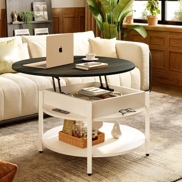 35.43”Round Lift-Top Coffee Table Large Storage with Hidden Compartment Round Coffee Table 2-Tier Farmhouse Style Living Room Table Round Dining Coffee Table,White