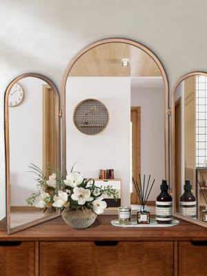 3 Way Mirror Bathroom, Trifold Vanity Mirrors for Bathroom Bedroom, Large Arch Mirrors Decorative Vintage Gold, Adjustable Makeup Mirror for Braiding Hair 360° Way Tabletop & Wall Mounted